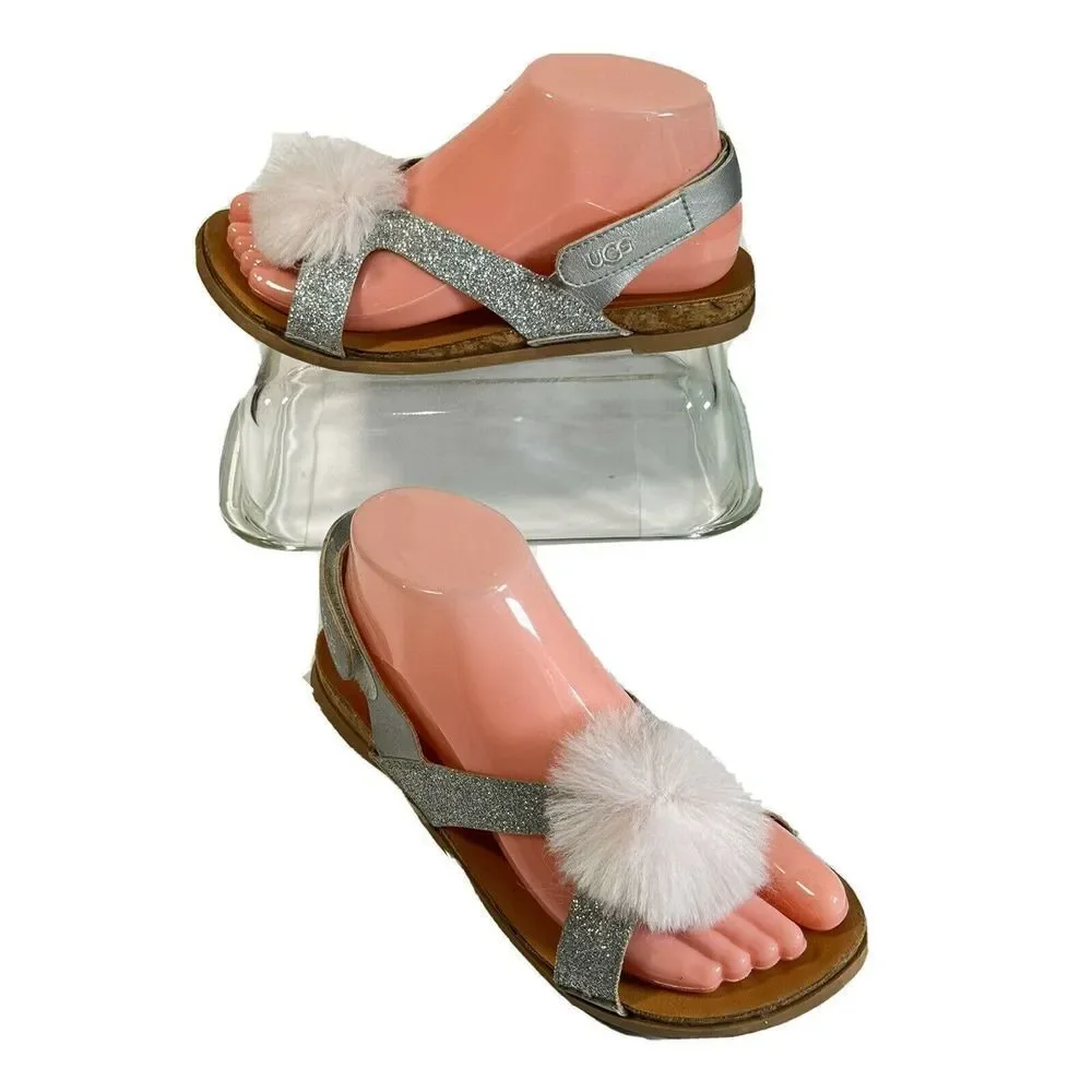 UGG Girls Pink Faux Fur Pom Pom Sandals Size 5 Fonda‎ Glitter Pink Silver
